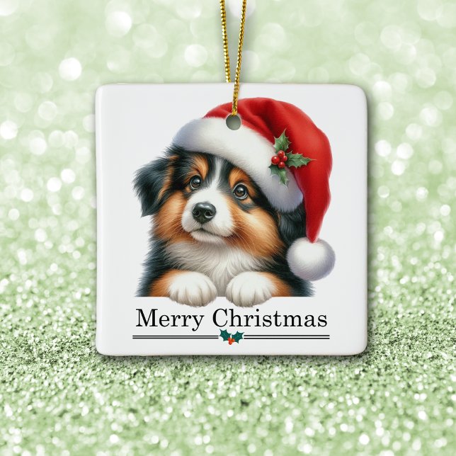 Ornamento De Cerâmica Santa Hat Shetland Sheepdog Puppy Merry Christmas (Criador carregado)