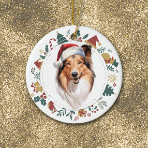 Ornamento De Cerâmica Santa Hat Shetland Sheepdog Wreath de Natal