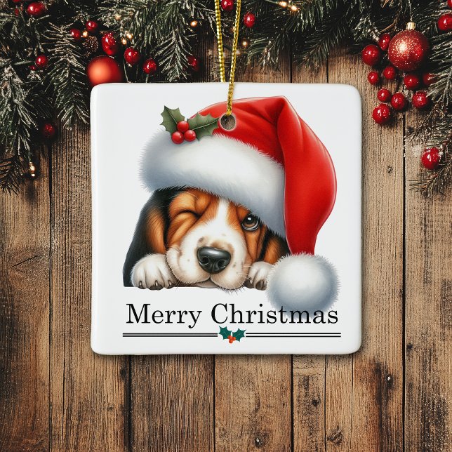 Ornamento De Cerâmica Santa Hat Winking Basset Hound Puppy Christmas (Criador carregado)