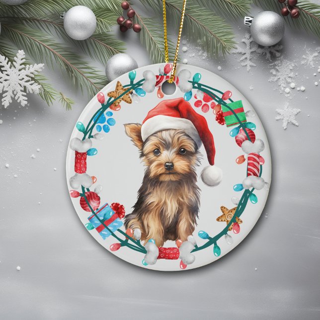 Ornamento De Cerâmica Santa Hat Yorkshire Terrier Dog Bone Wreath (Criador carregado)