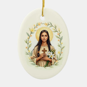 Ornamento De Cerâmica Santa Kateri Tekakwitha Paz e Bênçãos de Deus