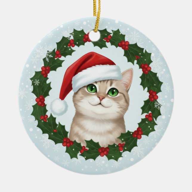 Ornamento De Cerâmica Santa Paws Smiling Cat Christmas Ornament  (Frente)