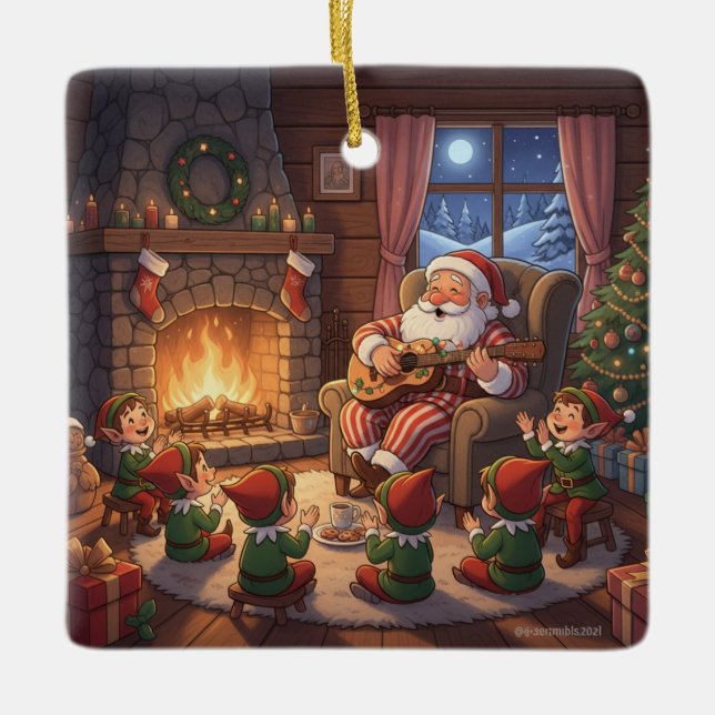 Ornamento De Cerâmica Santa's Christmas Eve Serenade: Cozy Fireplace (Frente)