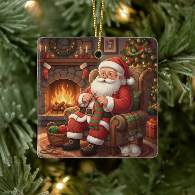 Ornamento De Cerâmica "Santa's Cozy Knitting Nook" Personalized (Árvore)