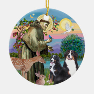 Ornamento De Cerâmica Santo Francis - Dois Cães de Montanha Berneses