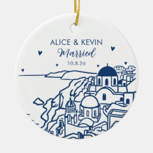 Ornamento De Cerâmica Santorini Grécia Primeiro Natal Casado Personaliza