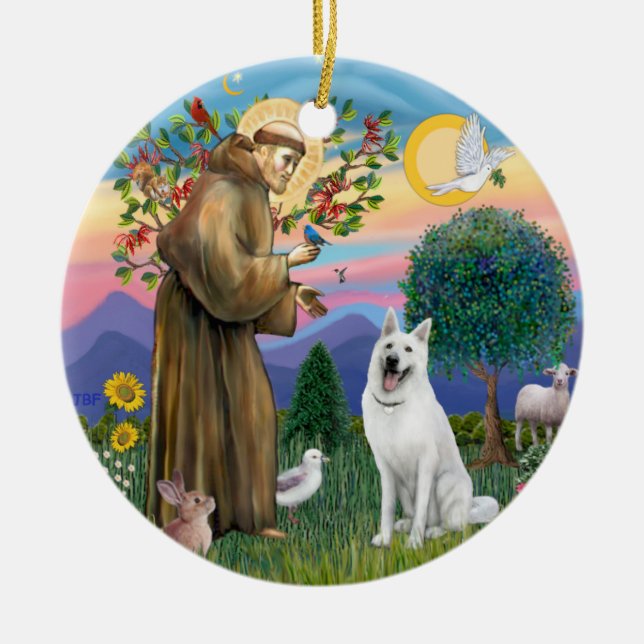 Ornamento De Cerâmica São Francisco - Pastor Alemão Branco (Frente)