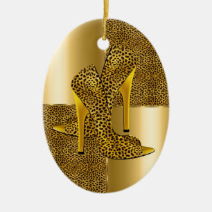 Ornamento De Cerâmica Sapatos Elegantes de Salto Alto Leopardo Dourado A