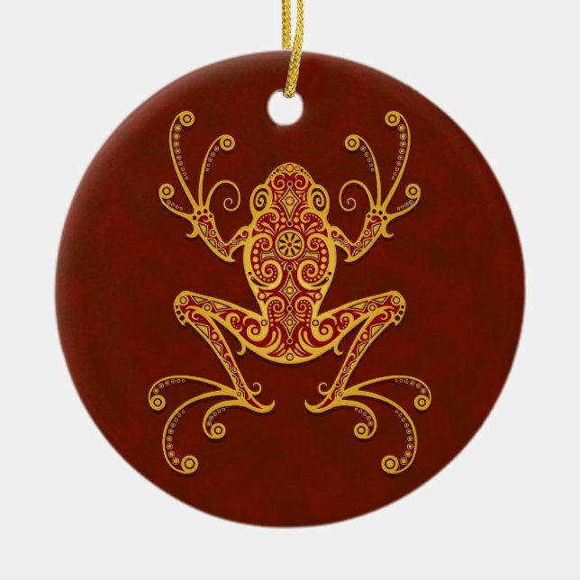 Ornamento De Cerâmica Sapo de árvore vermelho dourado intrincado (Frente)