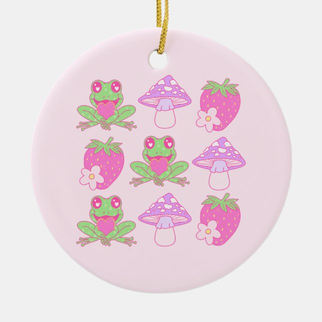 Ornamento De Cerâmica Sapo Kawaii, Cogumelo e Morango (Frente)