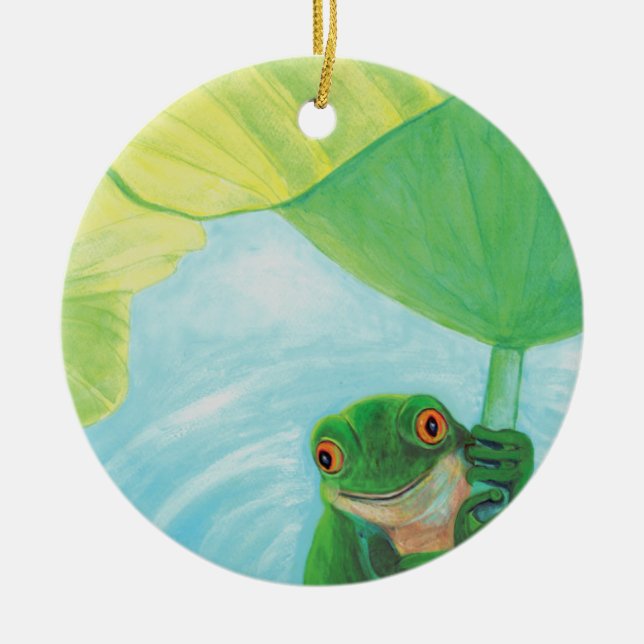 Ornamento De Cerâmica Sapo verde em Lily Pad (Frente)