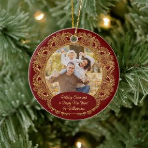 Ornamento De Cerâmica Saudação de Natal com Foto Familiar Personalizada