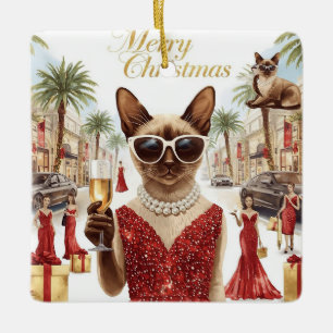 Ornamento De Cerâmica Saudação de Natal do Gato Siames do Califórnia