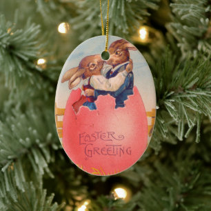 Ornamento De Cerâmica Saudação de Páscoa Vitoriana Antiga Dois Coelhos S