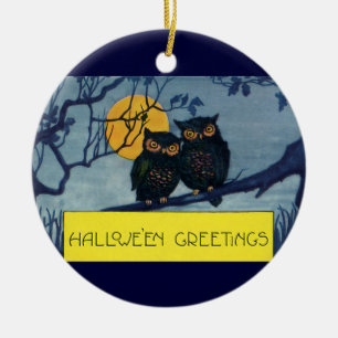 Ornamento De Cerâmica Saudações Vintage de Halloween, Corujas na Árvore 