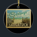 Ornamento De Cerâmica Saugatuck Beach Viagens vintage<br><div class="desc">Esta design do cartão postal de Saugatuck apresenta uma praia arenosa com uma bela água turquesa oceânica e acima do mar,  um céu azul com nuvens brancas e onduladas. No estilo viagens vintage.</div>