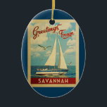 Ornamento De Cerâmica Savannah Sailboat Viagens vintage Georgia<br><div class="desc">Esta viagens vintage náutica design de Savannah Georgia apresenta um barco navegando na água com gaivotas e um céu azul cheio de lindas nuvens brancas puffy.</div>