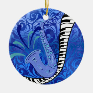 Ornamento De Cerâmica Saxofone Azul e Piano