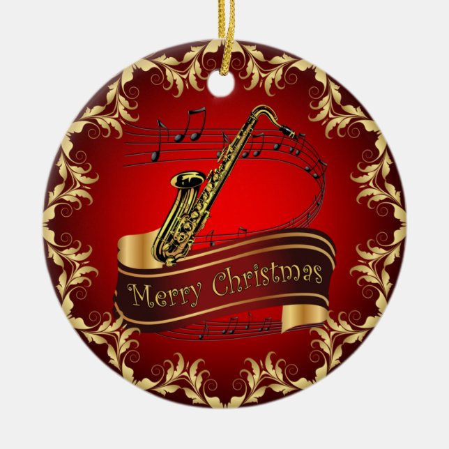 Ornamento De Cerâmica Saxofone ~ Pergaminho Musical ~ Feliz Natal ~ * ~ (Frente)