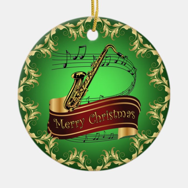 Ornamento De Cerâmica Saxofone ~ Pergaminho Musical ~ Feliz Natal ~ * ~ (Frente)