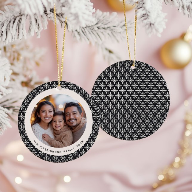 Ornamento De Cerâmica Scandi Black and White Snowflake Photo (Neutral Snowflake Modern 1 Photo Christmas Ornament black)