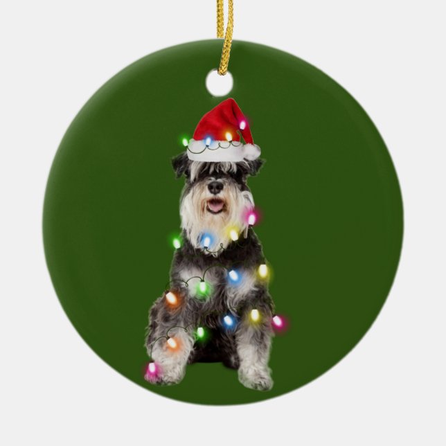 Ornamento De Cerâmica Schnauzer Com Scafts De Natal Santa Hat (Frente)