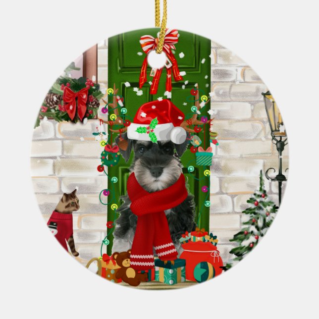 Ornamento De Cerâmica Schnauzer Dog Christmas (Frente)