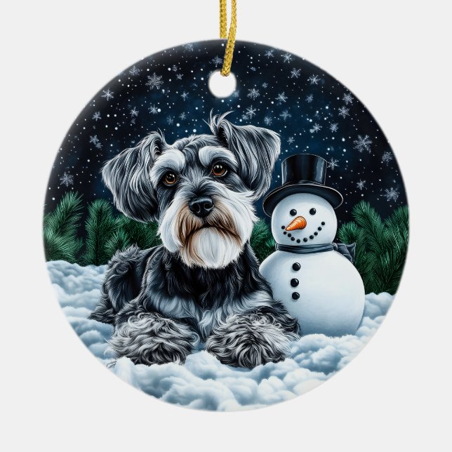 Ornamento De Cerâmica Schnauzer e Snowman no Natal (Frente)