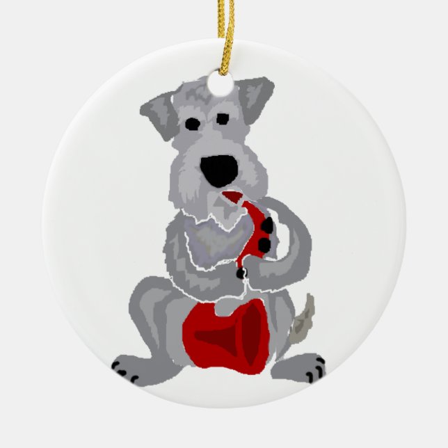 Ornamento De Cerâmica Schnauzer engraçado que joga o saxofone vermelho (Frente)