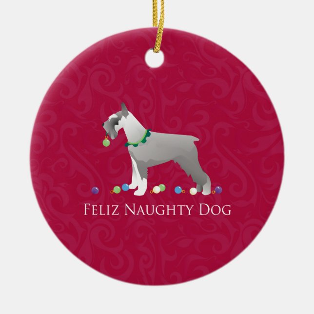 Ornamento De Cerâmica Schnauzer Feliz Naughn, Design de Natal (Frente)