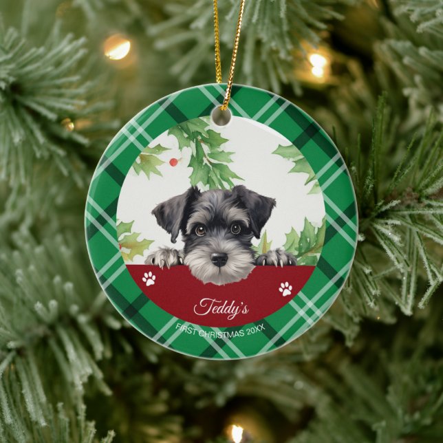 Ornamento De Cerâmica Schnauzer Personalizado Primeiro Natal (Árvore)