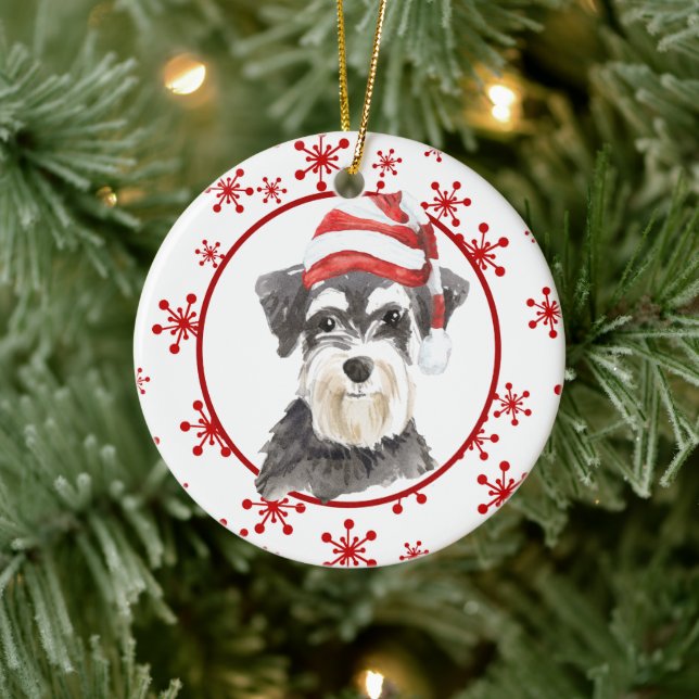 Ornamento De Cerâmica Schnauzer Santa Hat Red Snowflake Modelo (Árvore)
