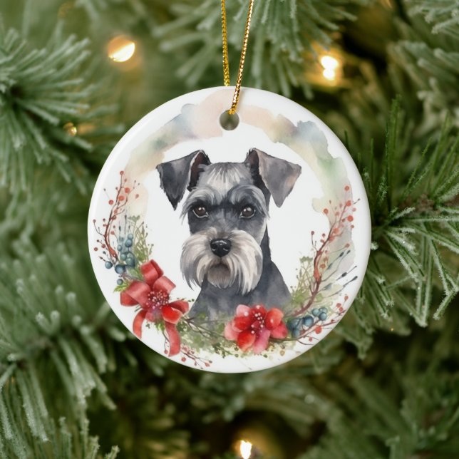 Ornamento De Cerâmica Schnauzer Wreath Festivo Pup (Árvore)