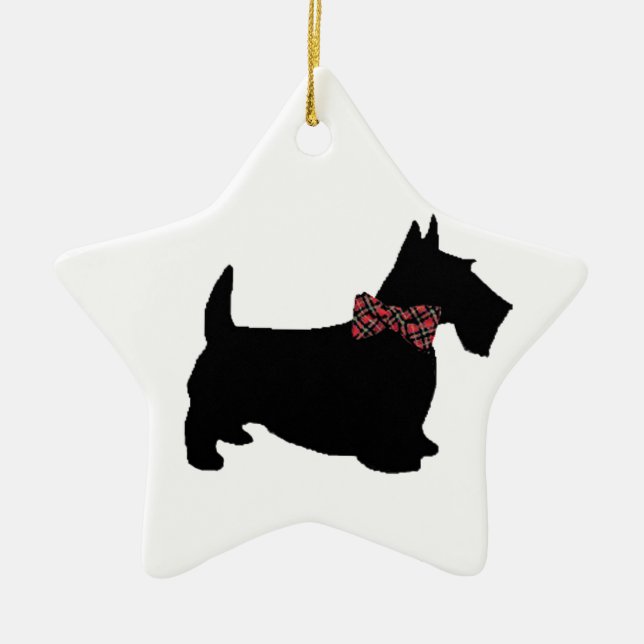 Ornamento De Cerâmica Scottie Dog em Xadrez Arco Tie (Frente)