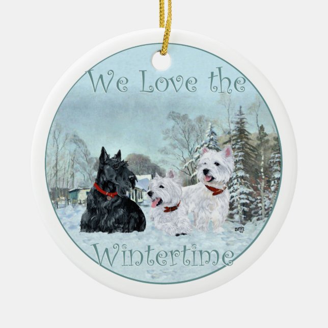 Ornamento De Cerâmica Scottie & Westies Winter Ornament (Frente)
