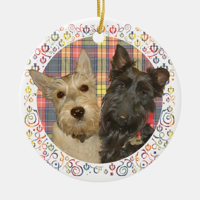Ornamento De Cerâmica Scotties de Rodas e Negros em Tartan (Frente)