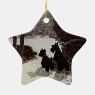 Ornamento De Cerâmica Scotties numa Noite de Inverno Surrealista
