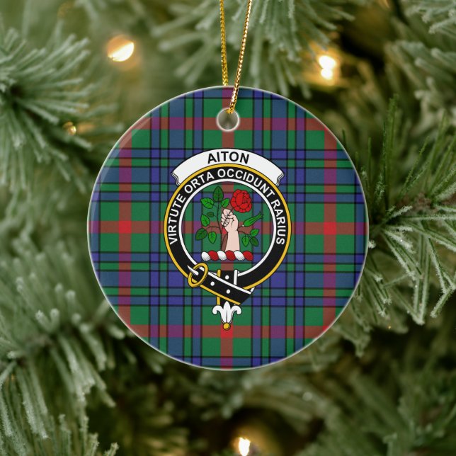 Ornamento De Cerâmica Scottish Clan Aiton Antiga Tartan e Crest (Árvore)