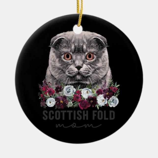 Ornamento De Cerâmica Scottish Fold Cat Mom Floral  (Frente)