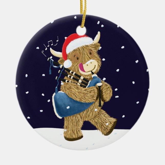 Ornamento De Cerâmica Scottish Highland Cow Christmas Piper (Frente)