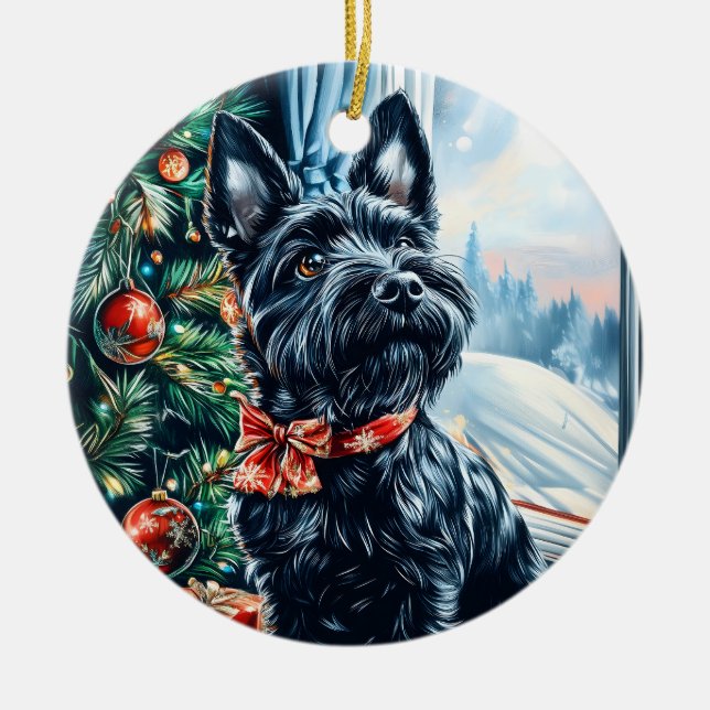 Ornamento De Cerâmica Scottish Terrier Christmas (Frente)