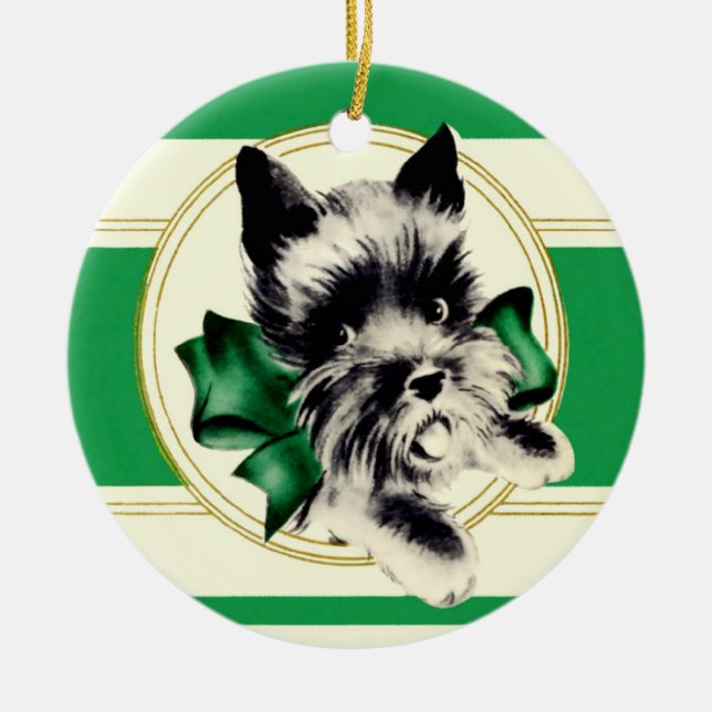 Ornamento De Cerâmica Scottish Terrier Scottie Dog com arco verde (Frente)