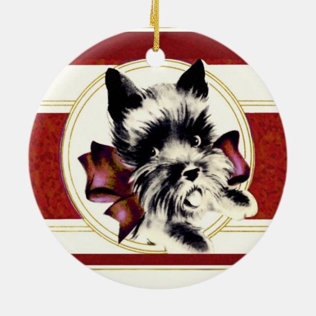 Ornamento De Cerâmica Scottish Terrier Scottie Dog com arco vermelho (Traseira)