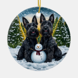 Ornamento De Cerâmica Scottish Terriers and Snowman Christmas