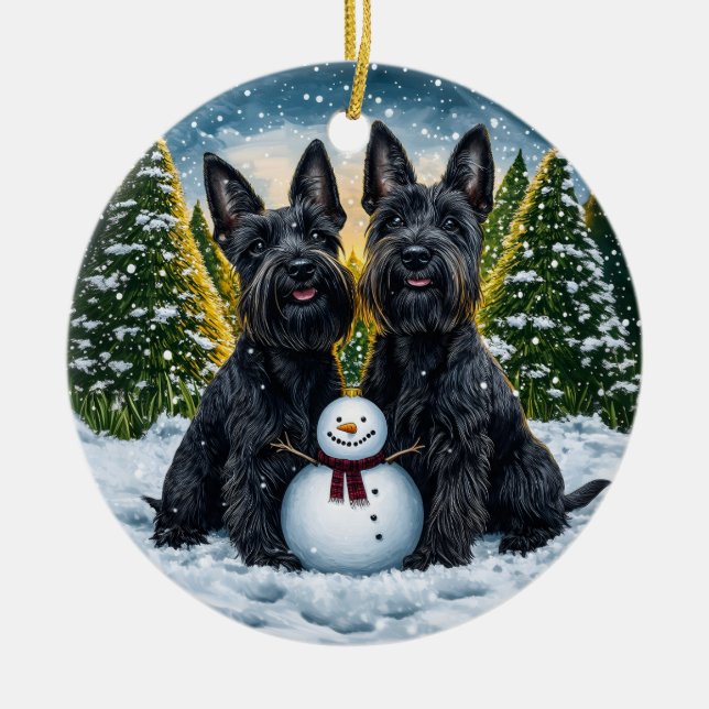 Ornamento De Cerâmica Scottish Terriers and Snowman Christmas (Frente)