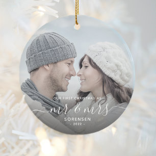 Ornamento De Cerâmica Script Branco de Fotografia Personalizada do Natal