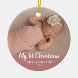 Ornamento De Cerâmica Script Calligrapy Baby's First Christmas Photo