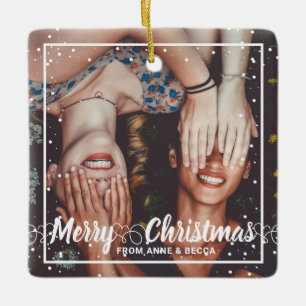 Ornamento De Cerâmica Script com o Heart Photo Red Keepsasaet