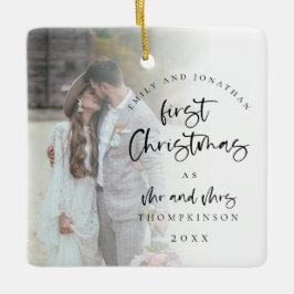 Ornamento De Cerâmica Script de Ano de Nomes de Fotos de Natal Casados