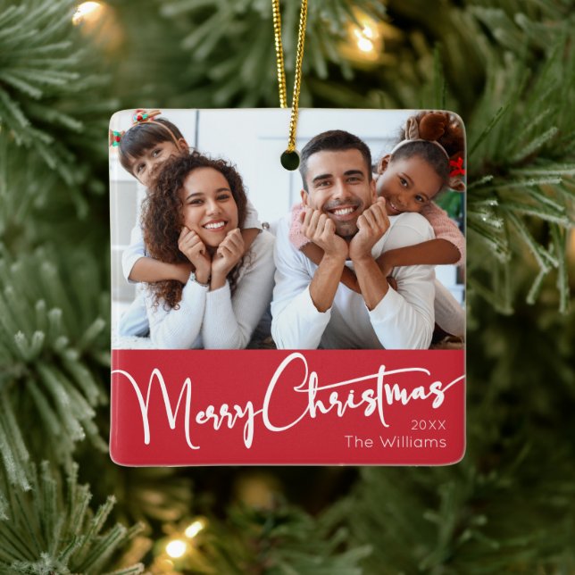 Ornamento De Cerâmica Script Festivo | Red Merry Christmas (Árvore)